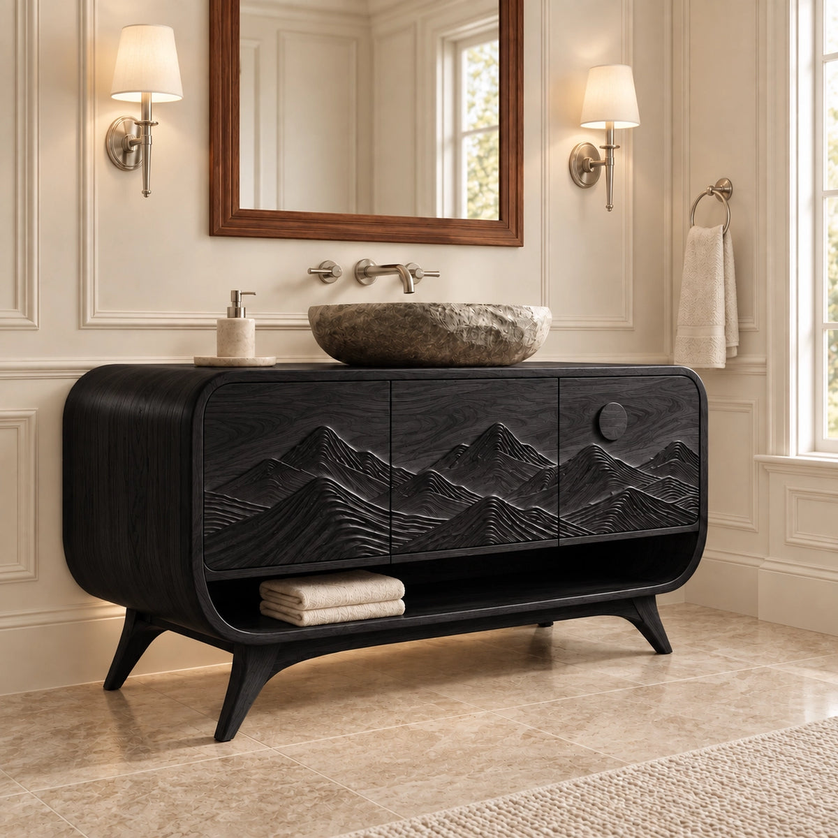 Bathroom Vanity with Mountain-Carved Doors and Open Storage Shelf - Woodenecho - 7