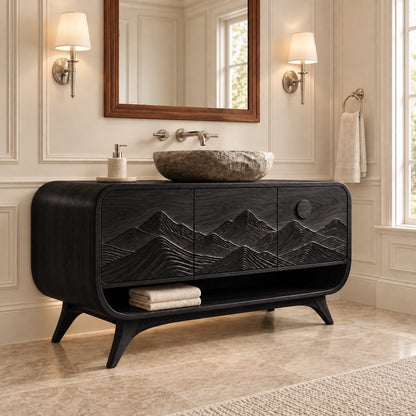 Bathroom Vanity with Mountain-Carved Doors and Open Storage Shelf - Woodenecho - 7