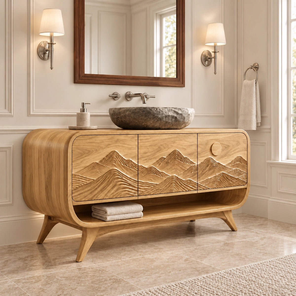 Bathroom Vanity with Mountain-Carved Doors and Open Storage Shelf - Woodenecho - 8