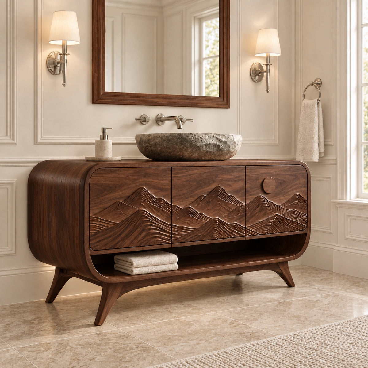 Bathroom Vanity with Mountain-Carved Doors and Open Storage Shelf - Woodenecho - 9