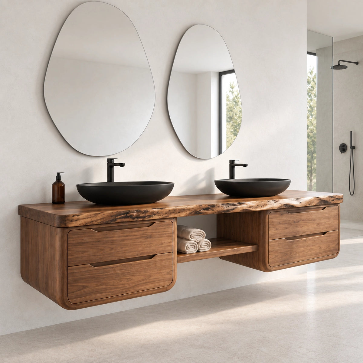 Bathroom Vanity with Rounded Drawer Fronts and Central Open Shelf - Woodenecho - 1