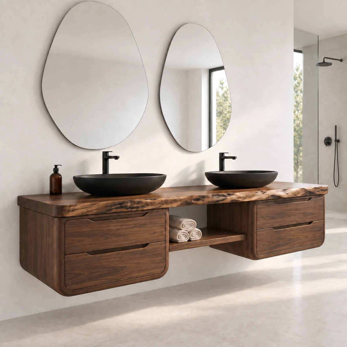 Bathroom Vanity with Rounded Drawer Fronts and Central Open Shelf - Woodenecho - 10