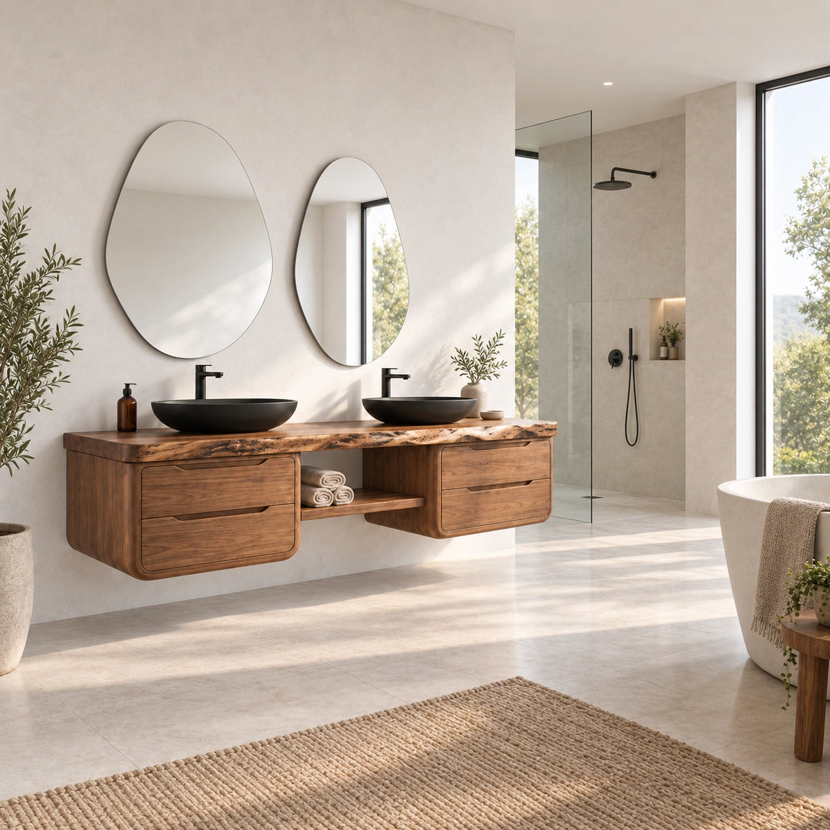 Bathroom Vanity with Rounded Drawer Fronts and Central Open Shelf - Woodenecho - 2