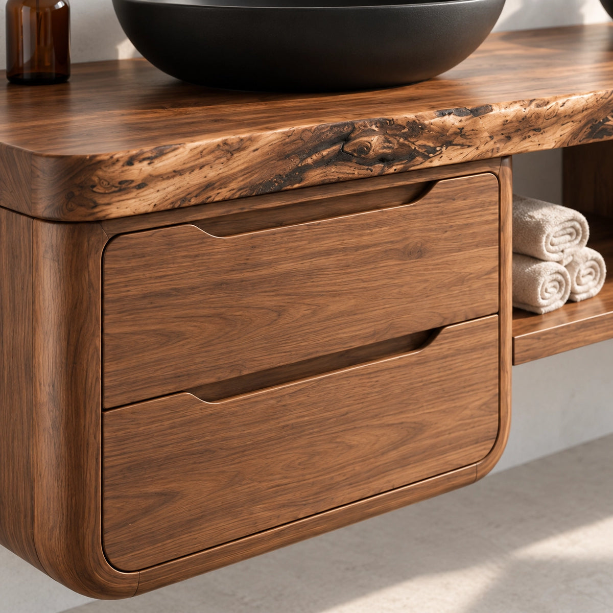 Bathroom Vanity with Rounded Drawer Fronts and Central Open Shelf - Woodenecho - 7
