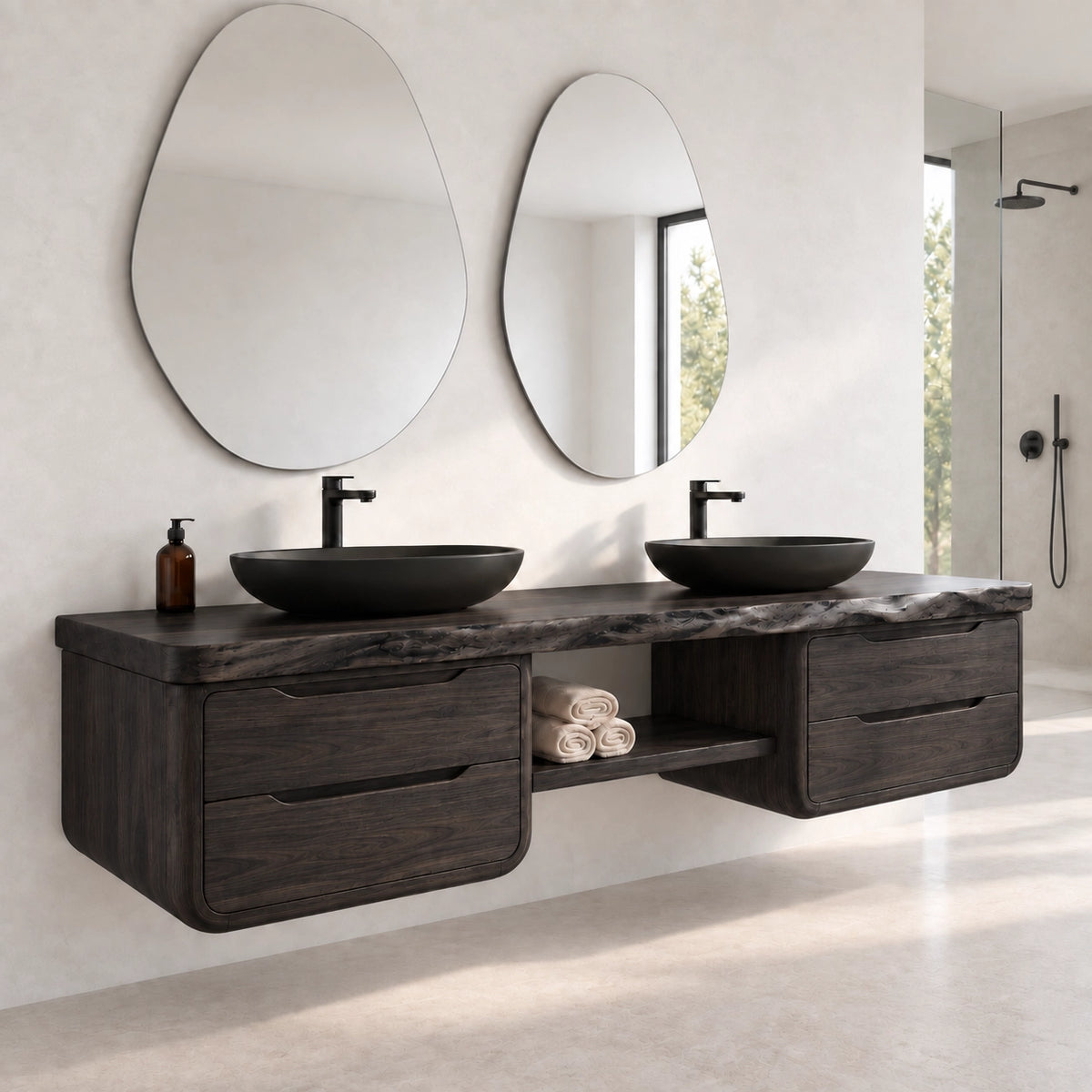 Bathroom Vanity with Rounded Drawer Fronts and Central Open Shelf - Woodenecho - 8