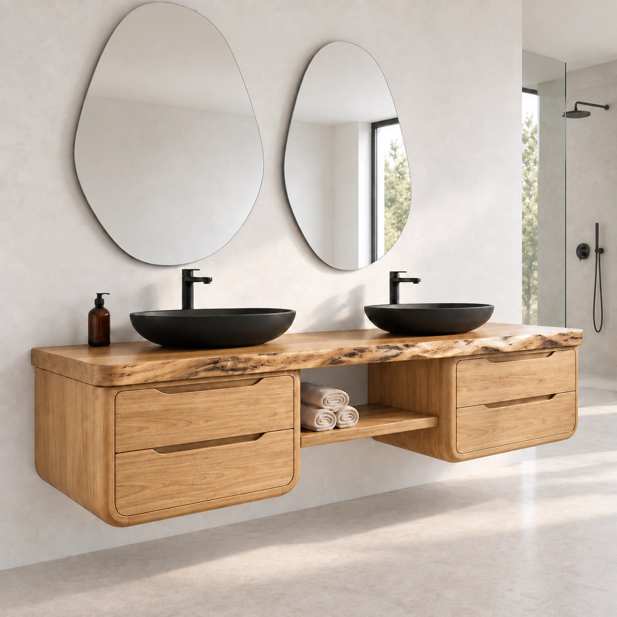 Bathroom Vanity with Rounded Drawer Fronts and Central Open Shelf - Woodenecho - 9