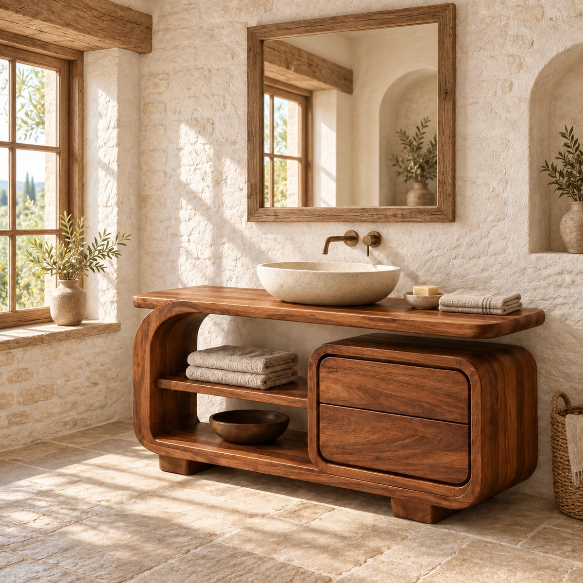 Bathroom Vanity with Rounded Drawers and Open Storage in Natural Solid Wood - Woodenecho - 1