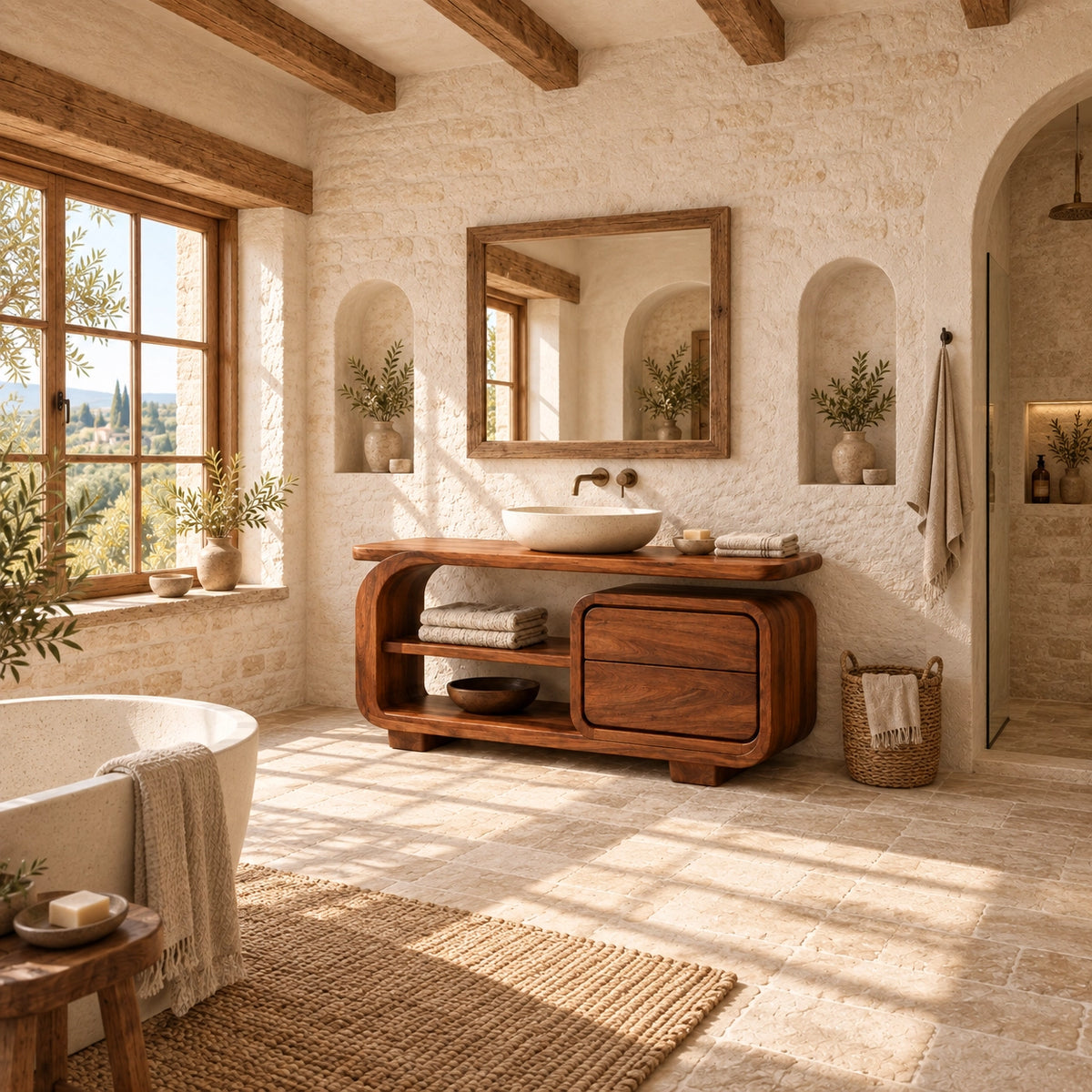Bathroom Vanity with Rounded Drawers and Open Storage in Natural Solid Wood - Woodenecho - 2