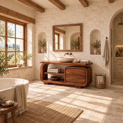 Bathroom Vanity with Rounded Drawers and Open Storage in Natural Solid Wood - Woodenecho - 2