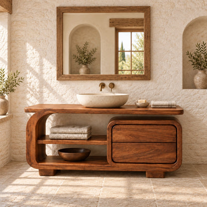 Bathroom Vanity with Rounded Drawers and Open Storage in Natural Solid Wood - Woodenecho - 3