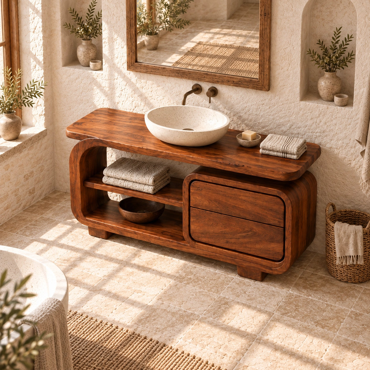 Bathroom Vanity with Rounded Drawers and Open Storage in Natural Solid Wood - Woodenecho - 4