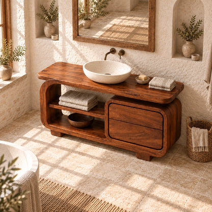 Bathroom Vanity with Rounded Drawers and Open Storage in Natural Solid Wood - Woodenecho - 4