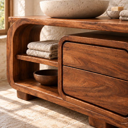 Bathroom Vanity with Rounded Drawers and Open Storage in Natural Solid Wood - Woodenecho - 5
