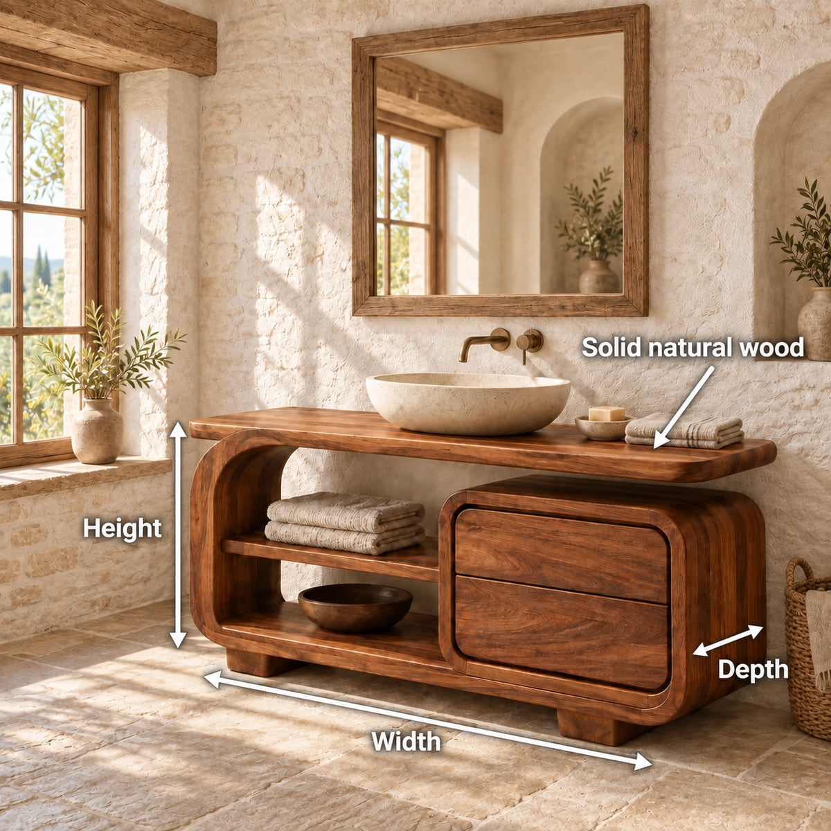 Bathroom Vanity with Rounded Drawers and Open Storage in Natural Solid Wood - Woodenecho - 6