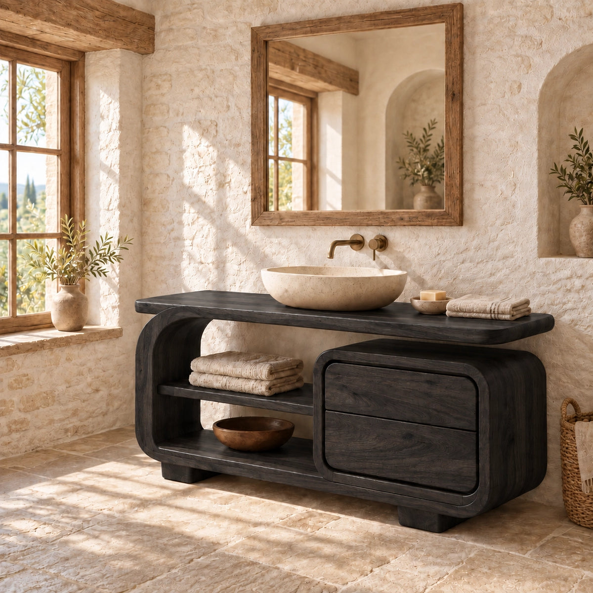 Bathroom Vanity with Rounded Drawers and Open Storage in Natural Solid Wood - Woodenecho - 7