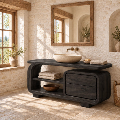 Bathroom Vanity with Rounded Drawers and Open Storage in Natural Solid Wood - Woodenecho - 7