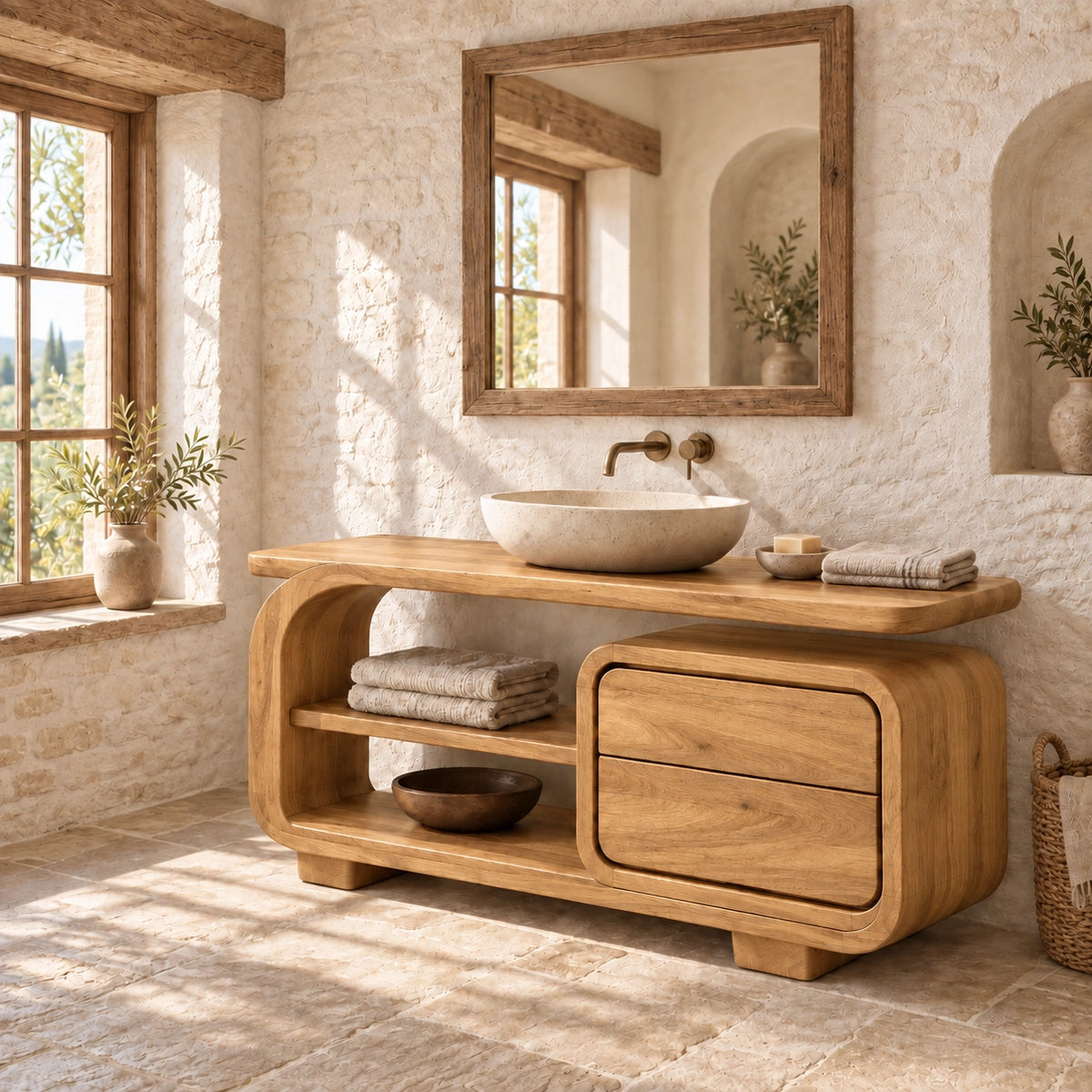 Bathroom Vanity with Rounded Drawers and Open Storage in Natural Solid Wood - Woodenecho - 8