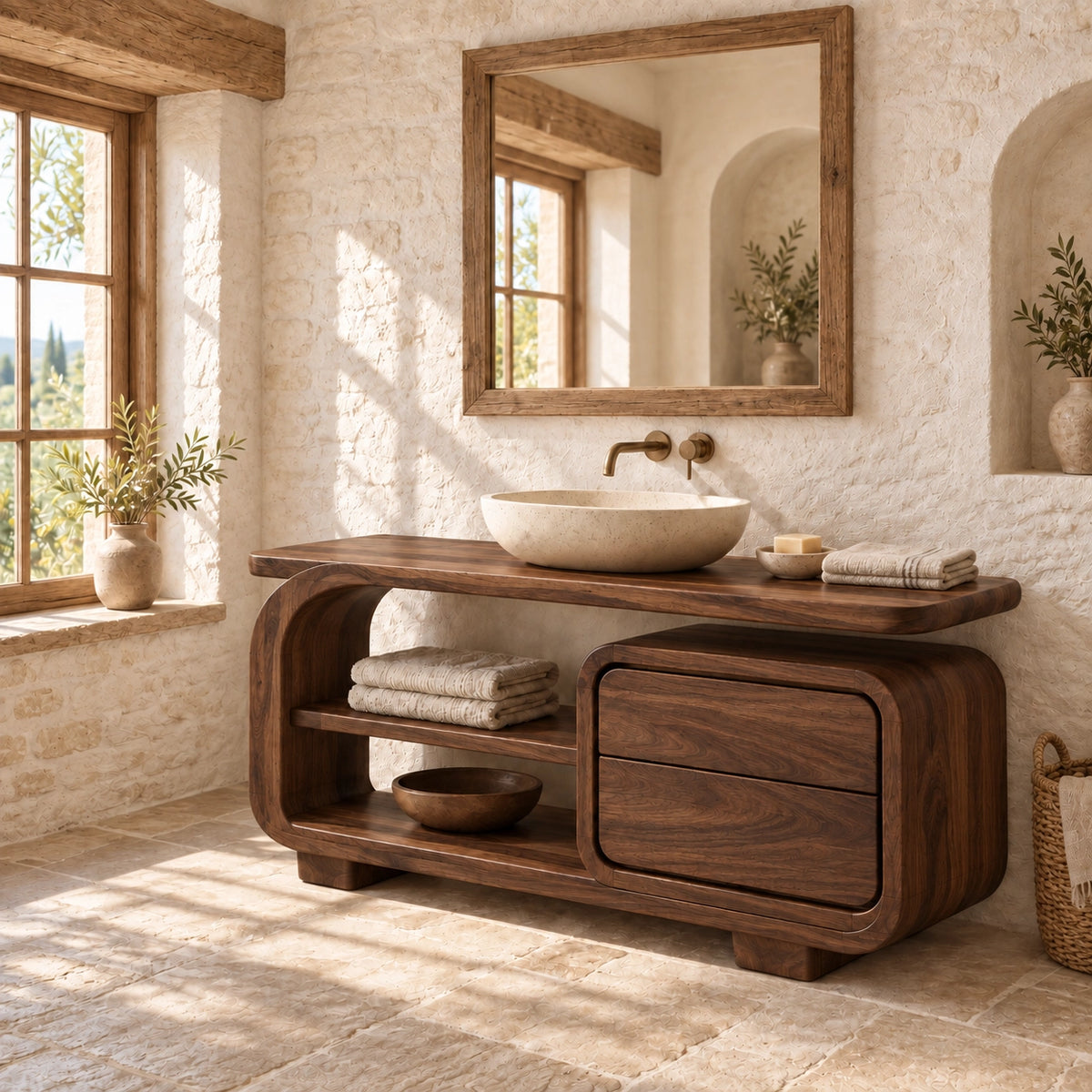 Bathroom Vanity with Rounded Drawers and Open Storage in Natural Solid Wood - Woodenecho - 9