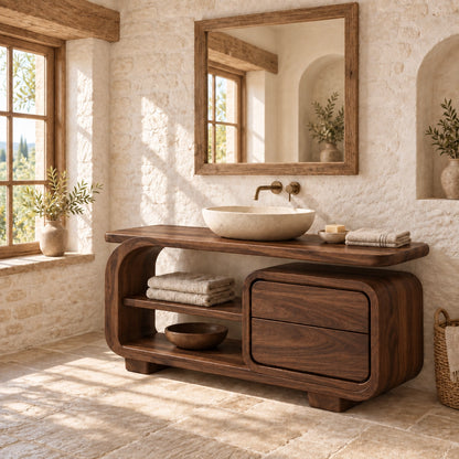 Bathroom Vanity with Rounded Drawers and Open Storage in Natural Solid Wood - Woodenecho - 9