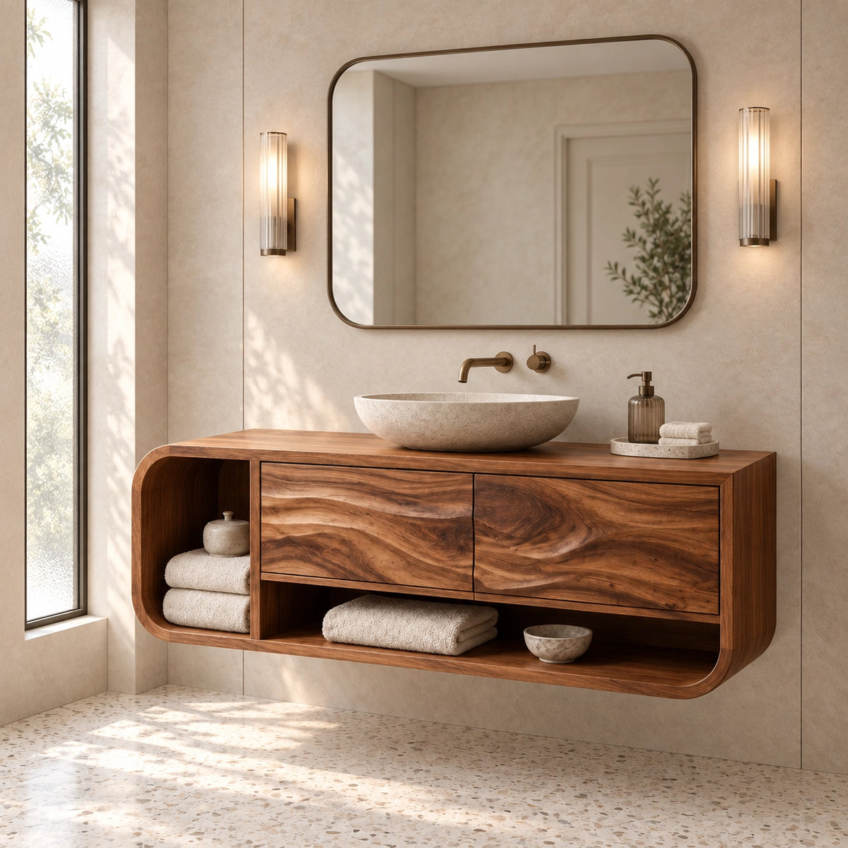 Bathroom Vanity with Rounded Storage and Two Drawers in Natural Solid Wood - Woodenecho - 1