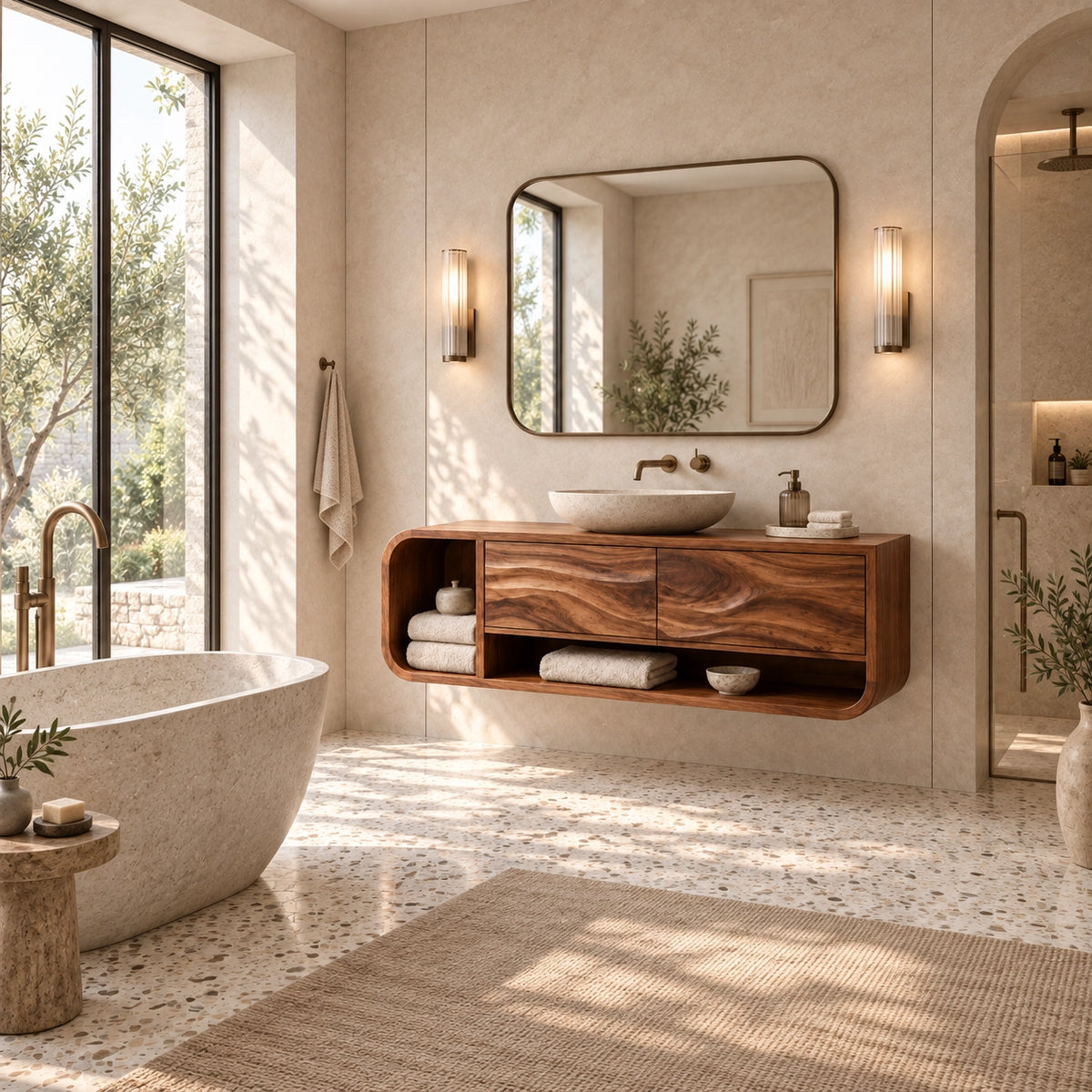 Bathroom Vanity with Rounded Storage and Two Drawers in Natural Solid Wood - Woodenecho - 2