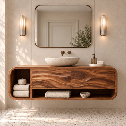 Bathroom Vanity with Rounded Storage and Two Drawers in Natural Solid Wood - Woodenecho - 3
