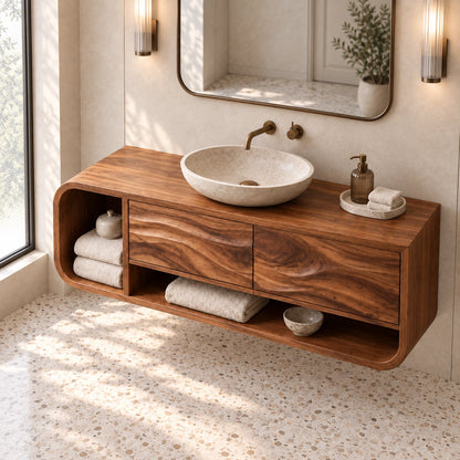 Bathroom Vanity with Rounded Storage and Two Drawers in Natural Solid Wood - Woodenecho - 4
