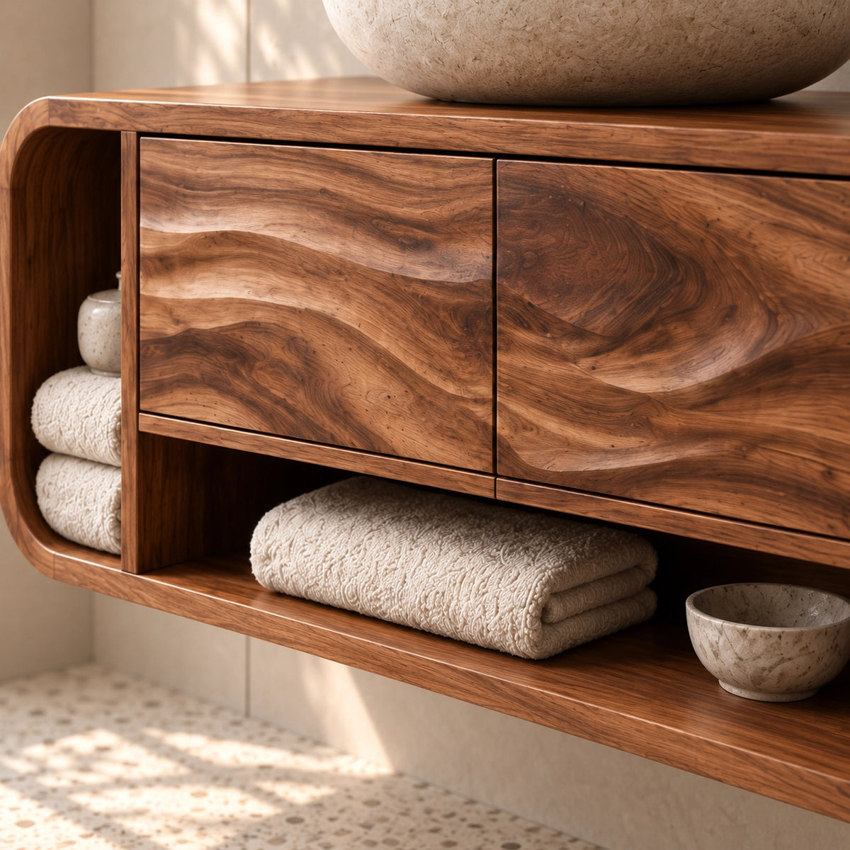 Bathroom Vanity with Rounded Storage and Two Drawers in Natural Solid Wood - Woodenecho - 5