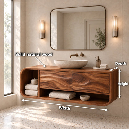 Bathroom Vanity with Rounded Storage and Two Drawers in Natural Solid Wood - Woodenecho - 6
