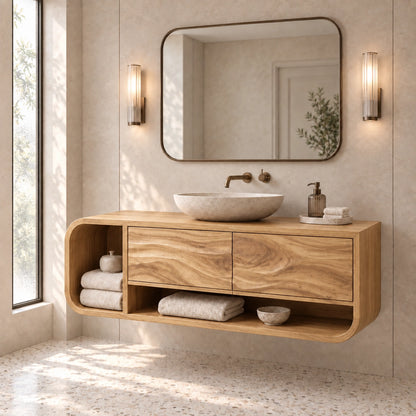 Bathroom Vanity with Rounded Storage and Two Drawers in Natural Solid Wood - Woodenecho - 8