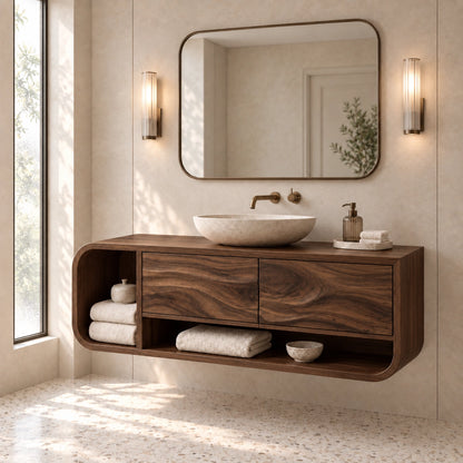 Bathroom Vanity with Rounded Storage and Two Drawers in Natural Solid Wood - Woodenecho - 9