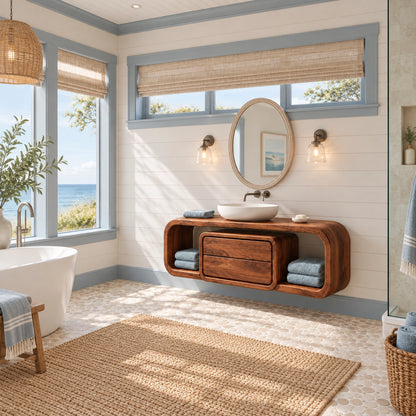 Bathroom Vanity with Rounded Storage Shelves and Central Drawers in Wood - Woodenecho - 2