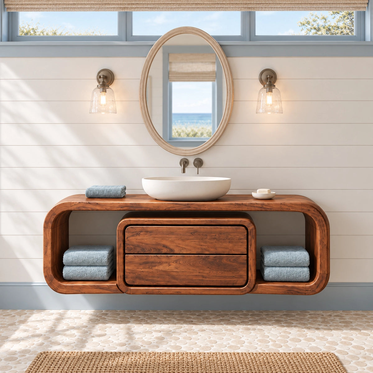 Bathroom Vanity with Rounded Storage Shelves and Central Drawers in Wood - Woodenecho - 3