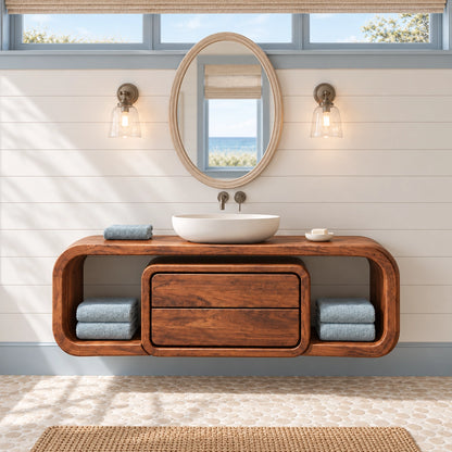 Bathroom Vanity with Rounded Storage Shelves and Central Drawers in Wood - Woodenecho - 3
