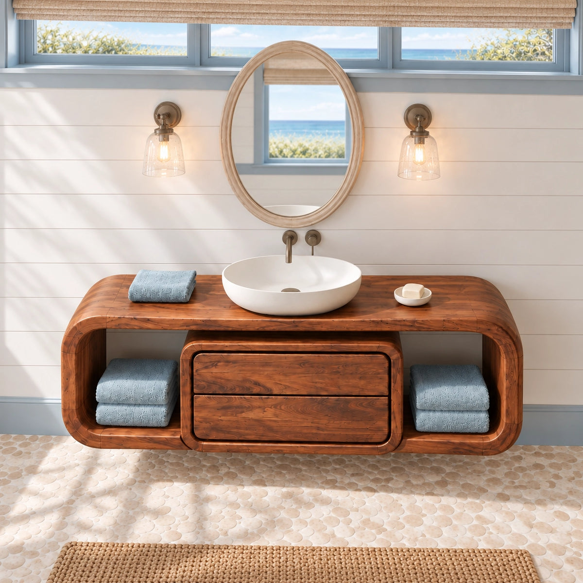 Bathroom Vanity with Rounded Storage Shelves and Central Drawers in Wood - Woodenecho - 4