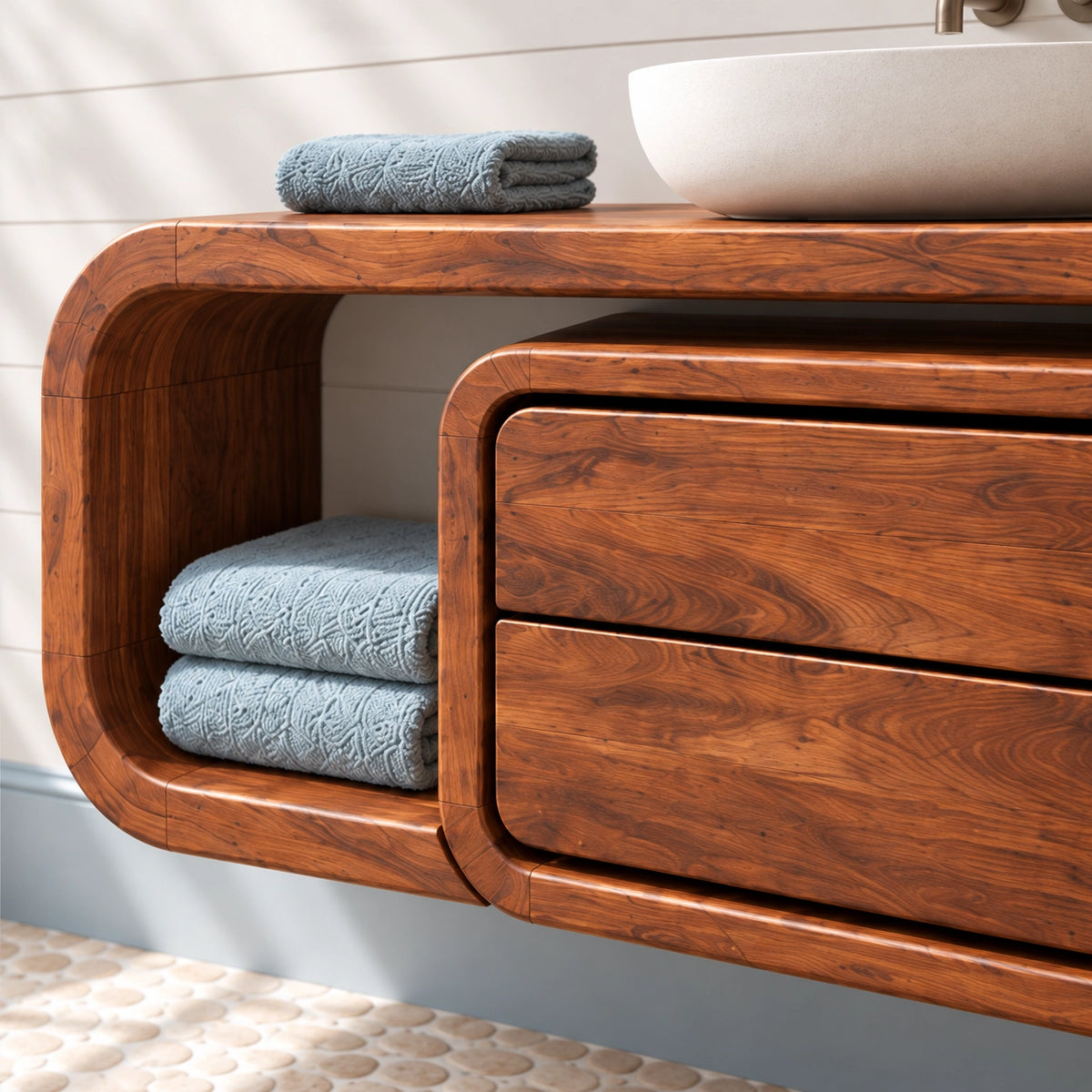 Bathroom Vanity with Rounded Storage Shelves and Central Drawers in Wood - Woodenecho - 5