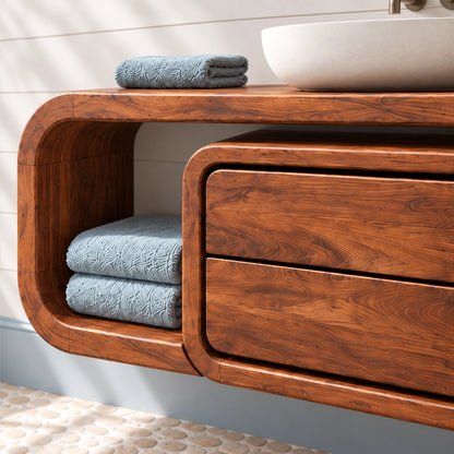Bathroom Vanity with Rounded Storage Shelves and Central Drawers in Wood - Woodenecho - 5