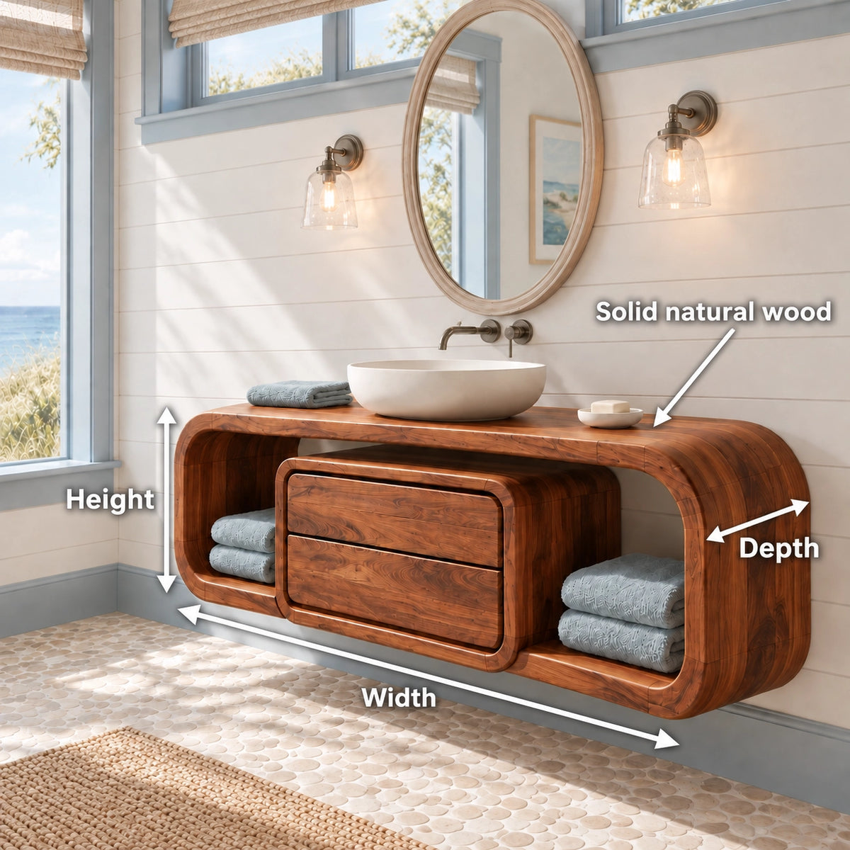Bathroom Vanity with Rounded Storage Shelves and Central Drawers in Wood - Woodenecho - 6