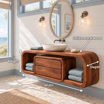 Bathroom Vanity with Rounded Storage Shelves and Central Drawers in Wood - Woodenecho - 6
