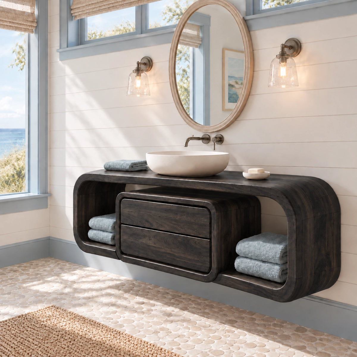 Bathroom Vanity with Rounded Storage Shelves and Central Drawers in Wood - Woodenecho - 7