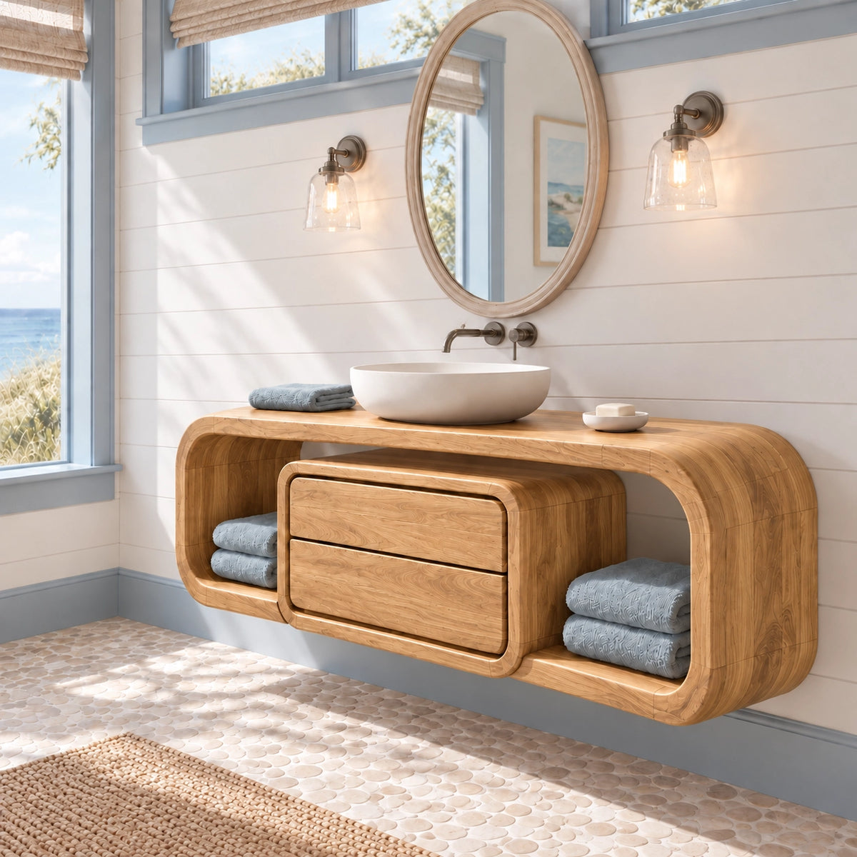 Bathroom Vanity with Rounded Storage Shelves and Central Drawers in Wood - Woodenecho - 8