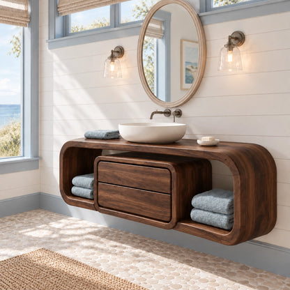 Bathroom Vanity with Rounded Storage Shelves and Central Drawers in Wood - Woodenecho - 9