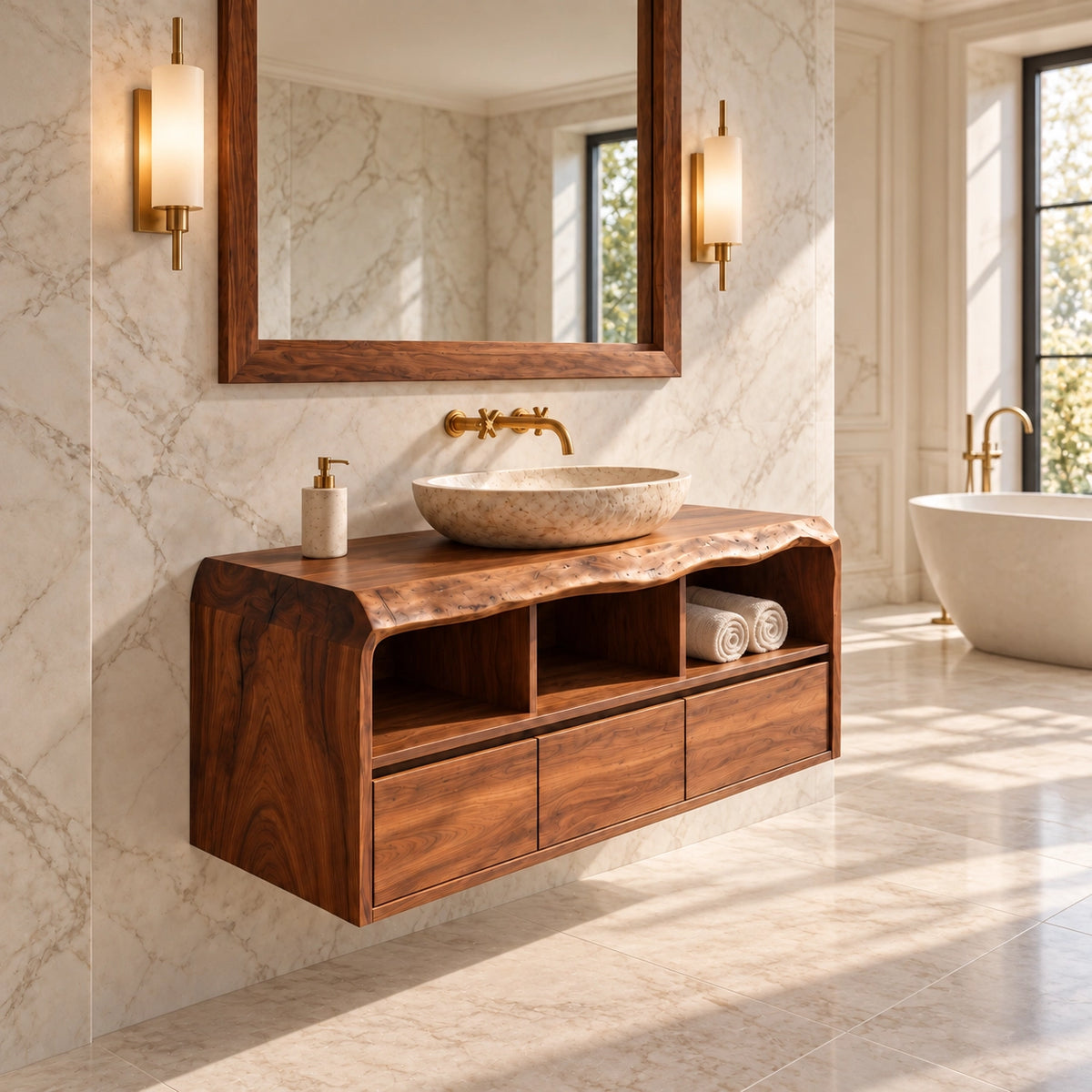 Bathroom Vanity with Sculptural Curved Top in Natural Solid Wood  - Woodenecho - 1