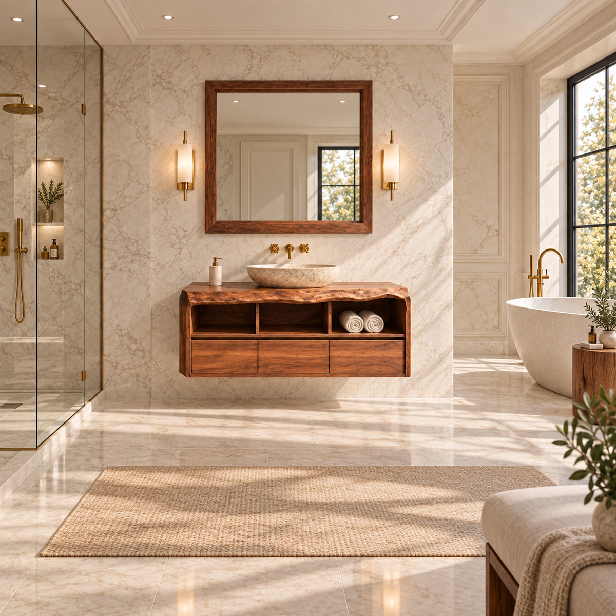 Bathroom Vanity with Sculptural Curved Top in Natural Solid Wood  - Woodenecho - 2