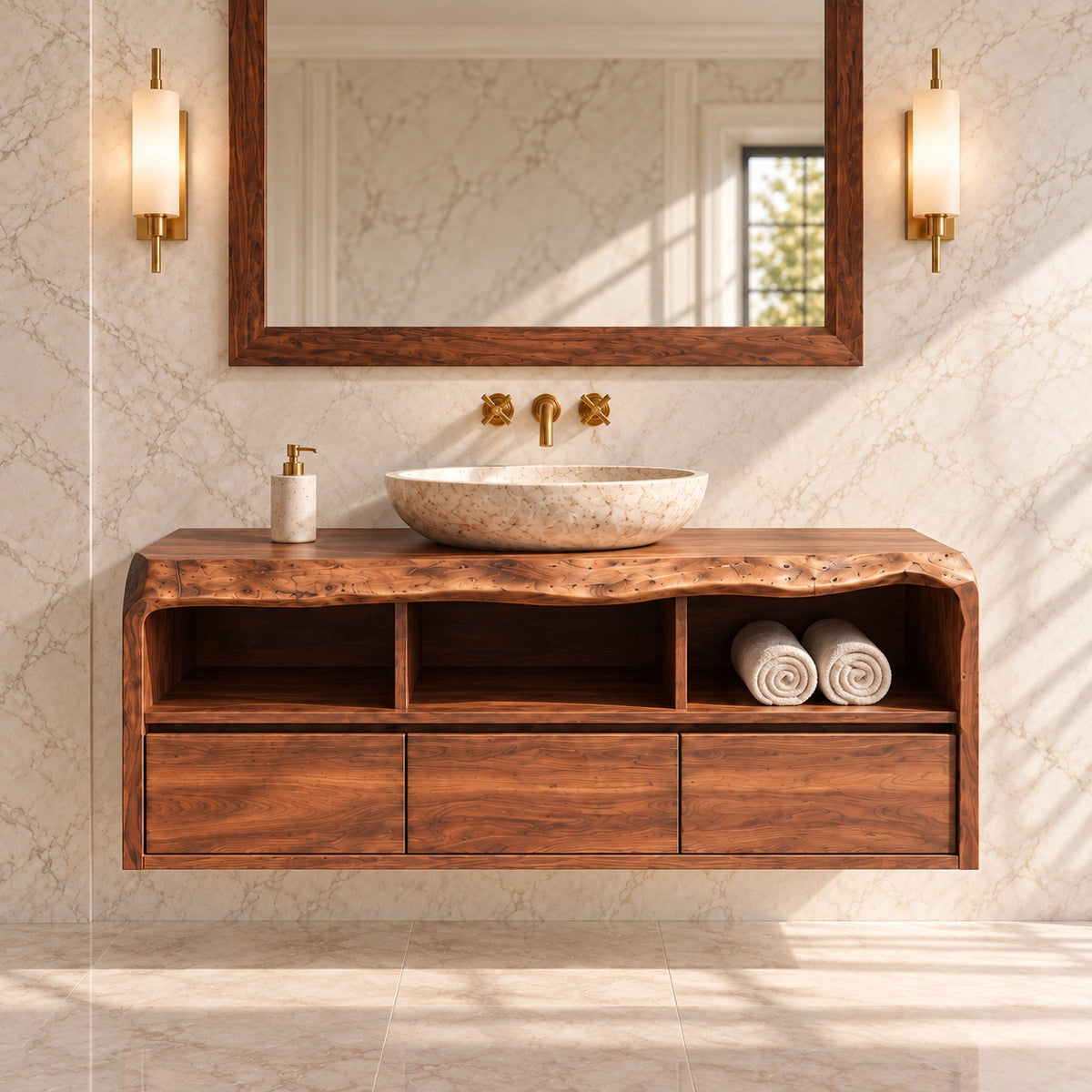 Bathroom Vanity with Sculptural Curved Top in Natural Solid Wood  - Woodenecho - 3