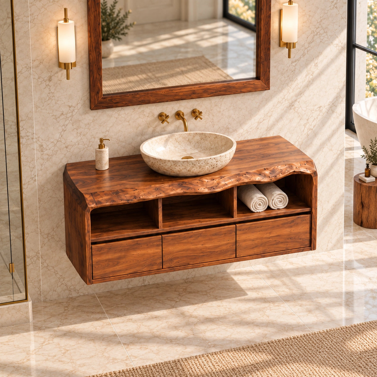Bathroom Vanity with Sculptural Curved Top in Natural Solid Wood  - Woodenecho - 4