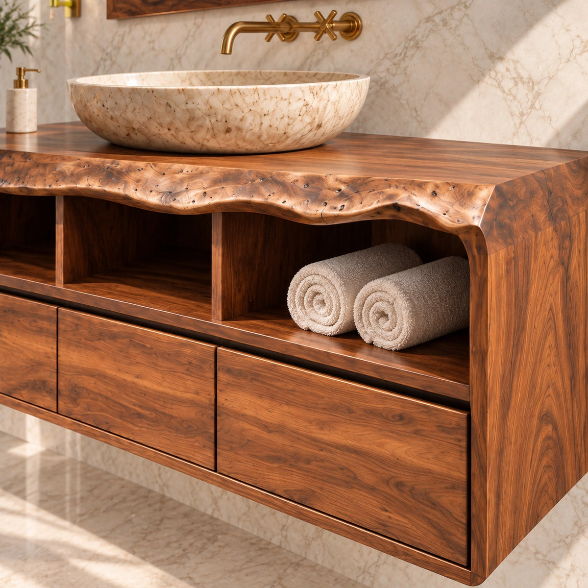 Bathroom Vanity with Sculptural Curved Top in Natural Solid Wood  - Woodenecho - 5