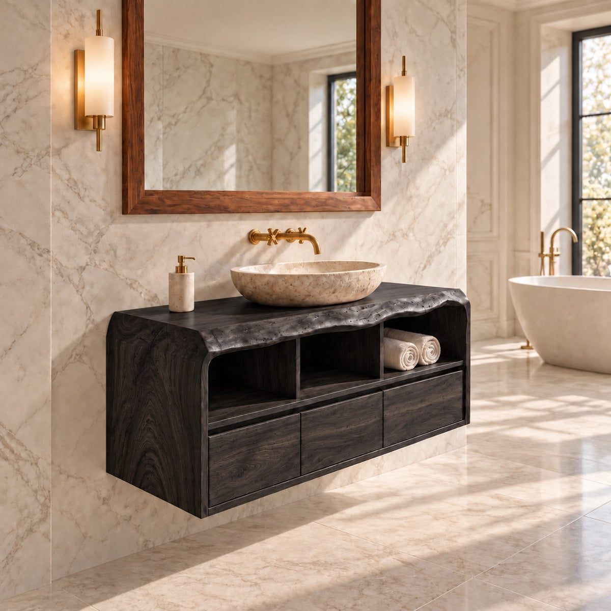 Bathroom Vanity with Sculptural Curved Top in Natural Solid Wood  - Woodenecho - 7