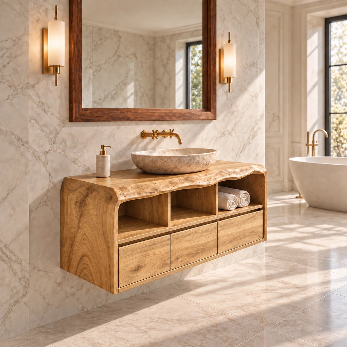 Bathroom Vanity with Sculptural Curved Top in Natural Solid Wood  - Woodenecho - 8