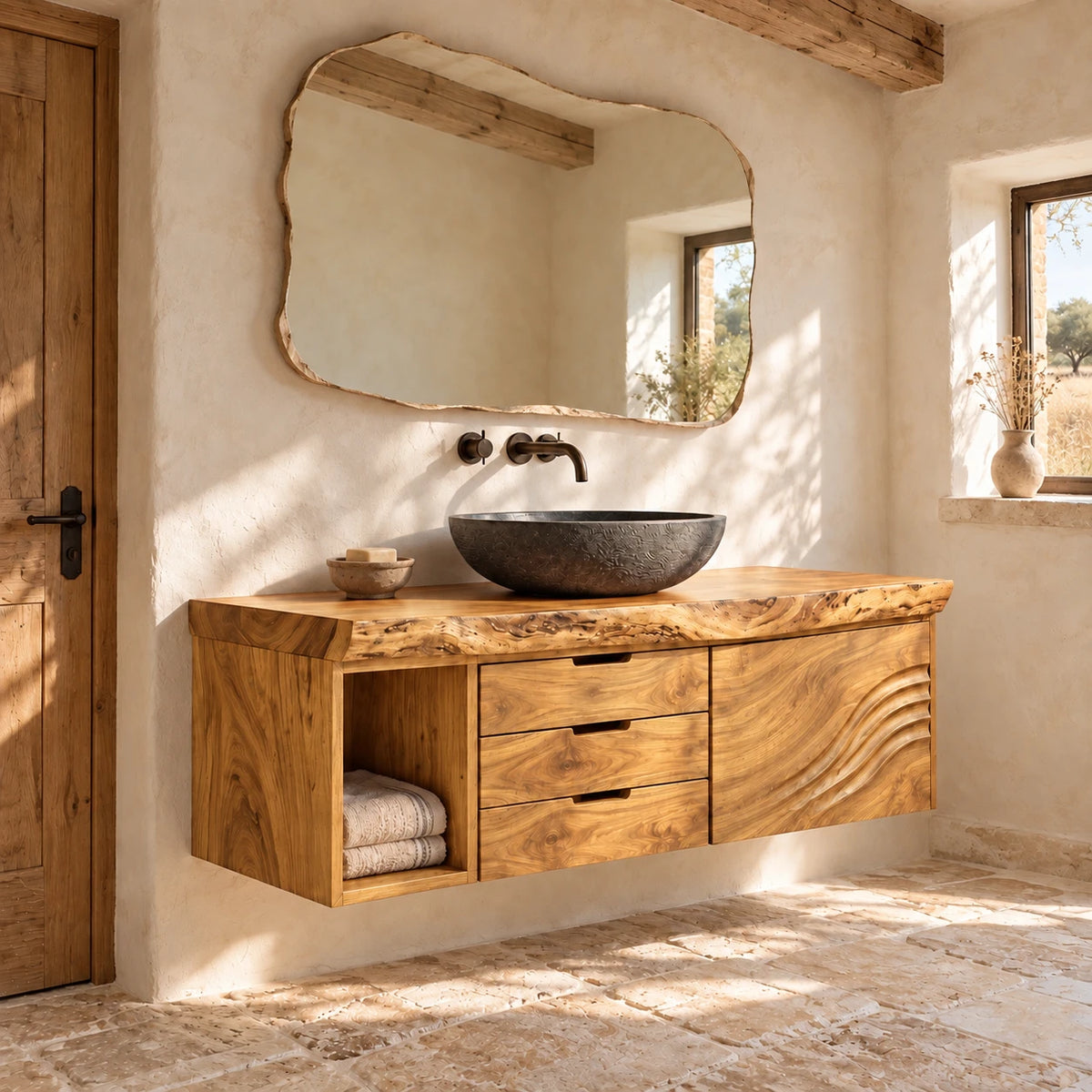 Bathroom Vanity with Sink, Live-Edge Slab, Three Drawers and Wave-Carved Door - Woodenecho - 10